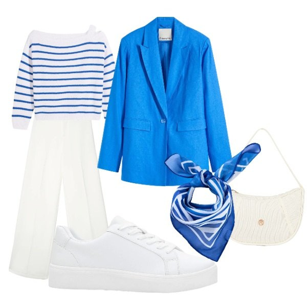 Outfit donna - un blu infinito. Stile Casual per Ufficio. Abbinamento con maglieria, blazer, foulard, sneakers, pantaloni, borse a mano.