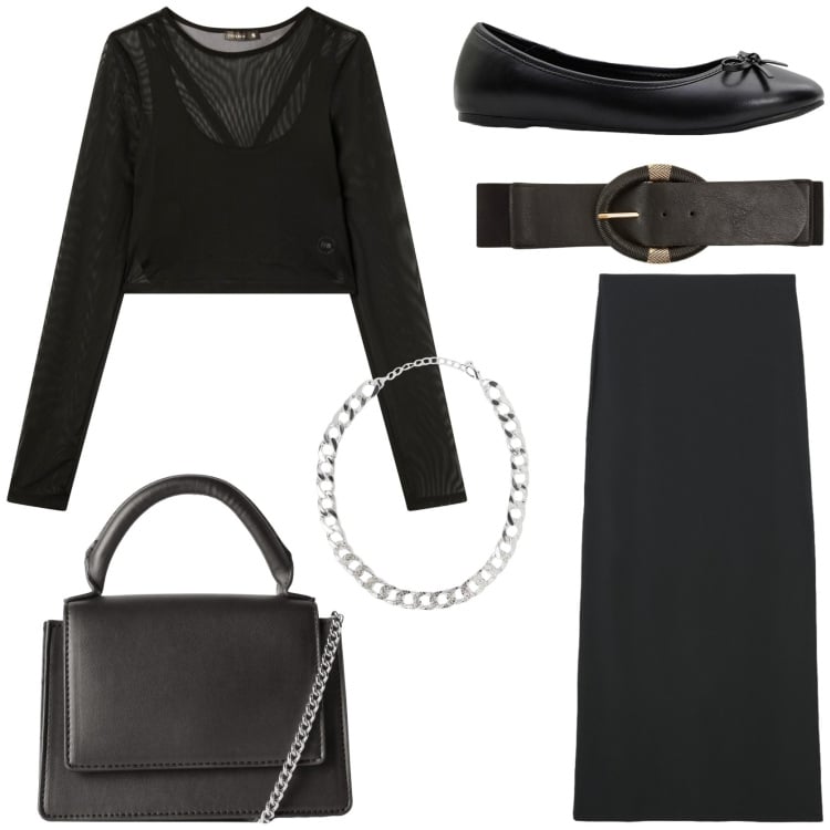 Outfit donna - Primavera in Total black. Stile Chic per Tutti i giorni. Abbinamento con ballerine, collane, cinture, borse a tracolla, gonne lunghe, t-shirt.