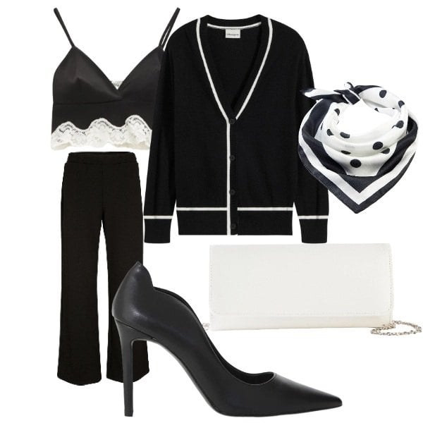 Outfit donna - sera alle terrazze. Stile Bon Ton per Serata fuori. Abbinamento con pantaloni a palazzo, cardigans, foulard, pochette, décolleté, top.