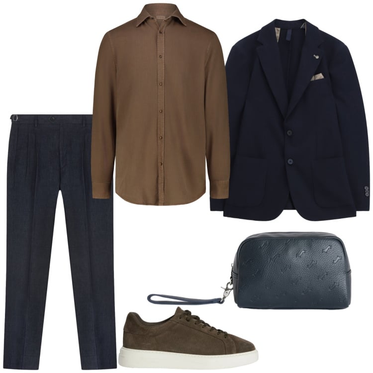 Outfit uomo - Blu e marrone autorevole. Stile Casual per Tutti i giorni. Abbinamento con sneakers, borse sportive, giacche, camicie, pantaloni.
