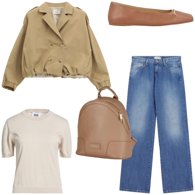 Outfit donna - Spring outfit. Stile Casual per Tutti i giorni. Abbinamento con zaini, ballerine, pullovers, bomber, jeans dritti.