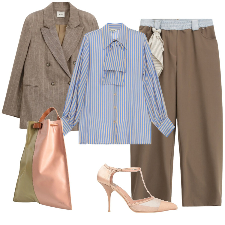 Outfit donna - Pranzo di lavoro. Stile Glamour per Ufficio. Abbinamento con décolleté, zaini, camicie, pantaloni a palazzo, blazer.