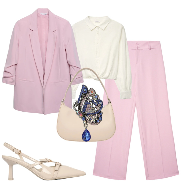 Outfit donna - Primavera in ufficio. Stile Urban per Ufficio. Abbinamento con pantaloni, blazer, décolleté, camicie, borse a tracolla, ciondoli.