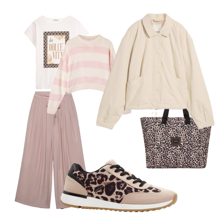 Outfit donna - Al centro commerciale. Stile Casual per Tutti i giorni. Abbinamento con sneakers, bomber, t-shirt, maglieria, pantaloni, shopping bag.