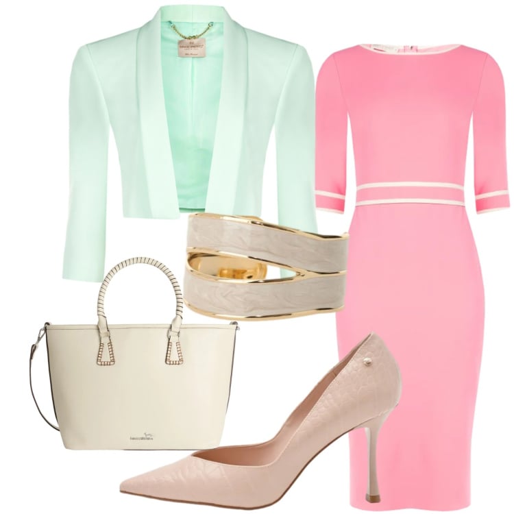 Outfit donna - Verdino e rosa. Stile Chic per Serata fuori. Abbinamento con shopping bag, anelli, décolleté, bolero, vestiti a tubino.
