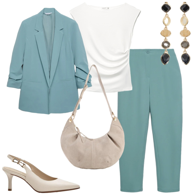 Outfit donna - Spring time. Stile Trendy per Tutti i giorni. Abbinamento con décolleté, borse a tracolla, blazer, top, pantaloni chino, cappelli con visiera.