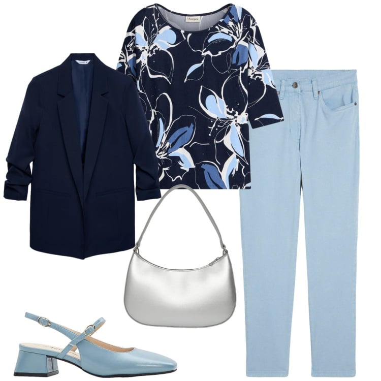 Outfit donna - City. Stile Romantica per Tutti i giorni. Abbinamento con pantaloni, bluse, décolleté, blazer, borse a tracolla.