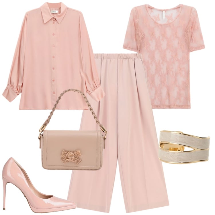 Outfit donna - Romantiche trasparenze. Stile Romantica per Tutti i giorni. Abbinamento con décolleté, t-shirt, pantaloni a palazzo, anelli, camicie, pochette.
