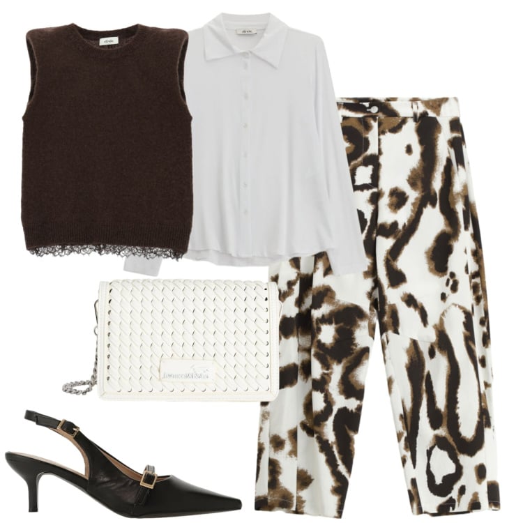 Outfit donna - City. Stile Urban per Tutti i giorni. Abbinamento con borse a tracolla, pantaloni, sandali col tacco, maglieria, camicie.