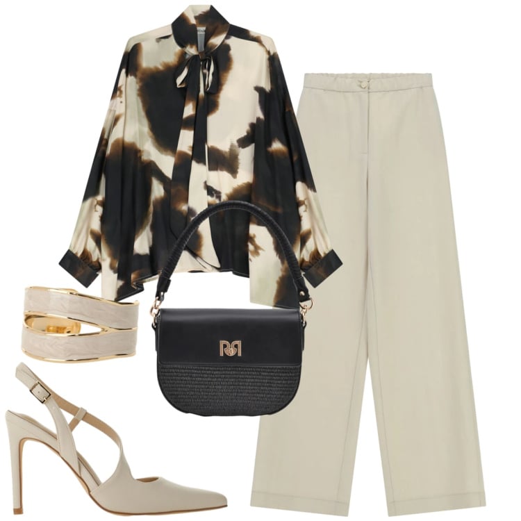 Outfit donna - City. Stile Urban per Tutti i giorni. Abbinamento con pantaloni a palazzo, décolleté, bluse, anelli, borse a spalla.