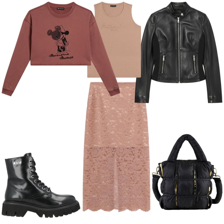 Outfit donna - Romantico punk. Stile Casual per Tutti i giorni. Abbinamento con anfibi, gonne longuette, felpe, canottiere, giacche, borse a mano.