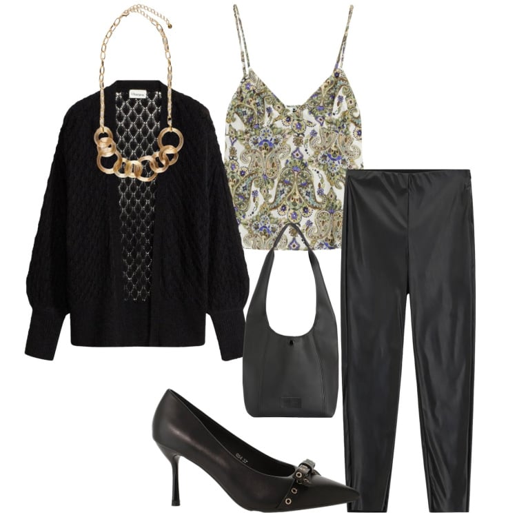 Outfit donna - Total look #2358021. Stile Chic per Serata fuori. Abbinamento con cardigans, décolleté, collane, pantaloni skinny, borse a spalla, top.