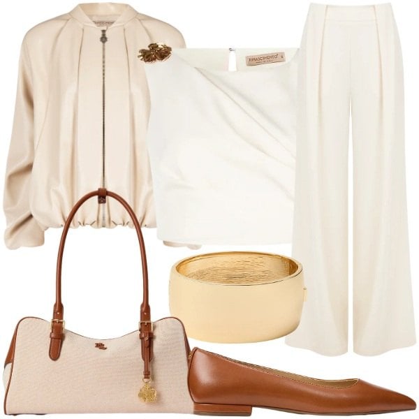 Outfit donna - Rinascimento glamour. Stile Glamour per Ufficio. Abbinamento con top, pantaloni a palazzo, bomber, ballerine, borse a mano, braccialetti.