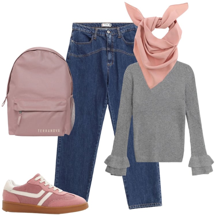 Outfit donna - Total look #2358032. Stile Chic per Tutti i giorni. Abbinamento con sneakers, maglieria, zaini, jeans, foulard.