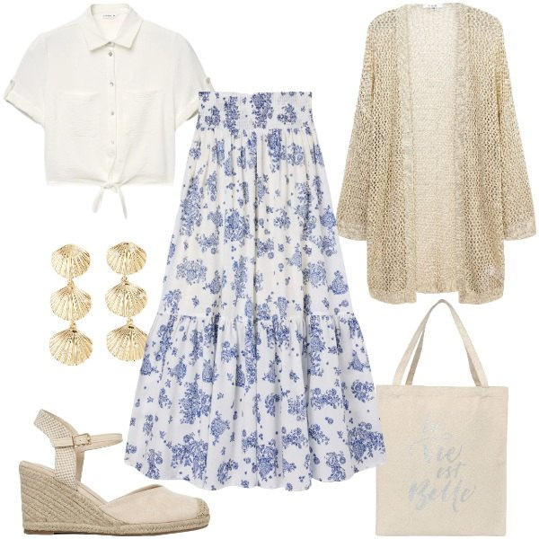 Outfit donna - Terranova - Romantica Primavera. Stile Romantica per Tutti i giorni. Abbinamento con gonne lunghe, zeppe, kimono, borse tote, orecchini, camicie a manica corta.