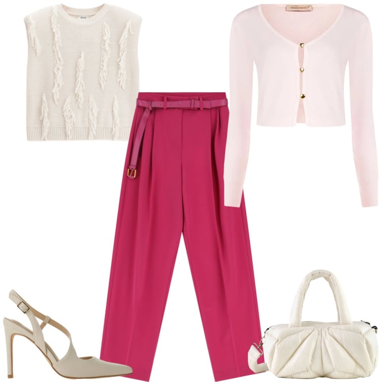 Outfit donna - Look pomeridiano. Stile Casual chic per Tutti i giorni. Abbinamento con pantaloni a palazzo, décolleté, maglieria, cardigans, borse a mano.