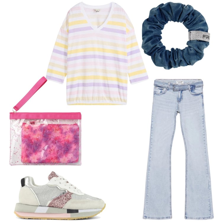 Outfit donna - Total look #2358035. Stile Casual per Tutti i giorni. Abbinamento con maglieria, jeans a zampa, pochette, accessori per capelli, sneakers.