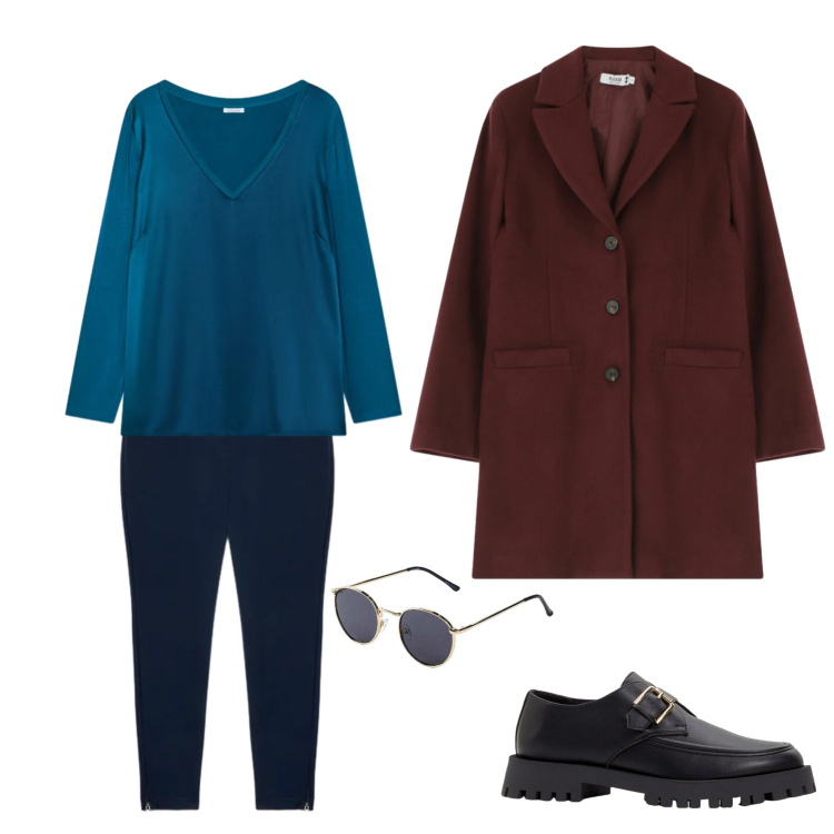 Outfit donna - Shopping. Stile Minimal per Tutti i giorni. Abbinamento con mocassini, occhiali da sole, bluse, pantaloni skinny, cappotti.