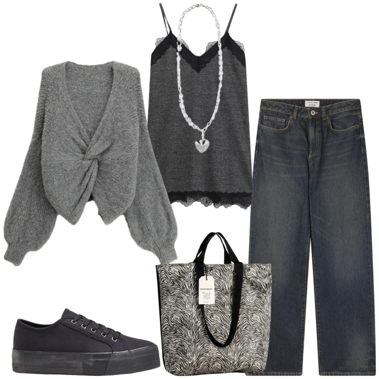 Outfit donna - Total look #2358041. Stile Casual chic per Tutti i giorni. Abbinamento con sneakers, jeans dritti, collane, vestiti corti, cardigans, borse tote.
