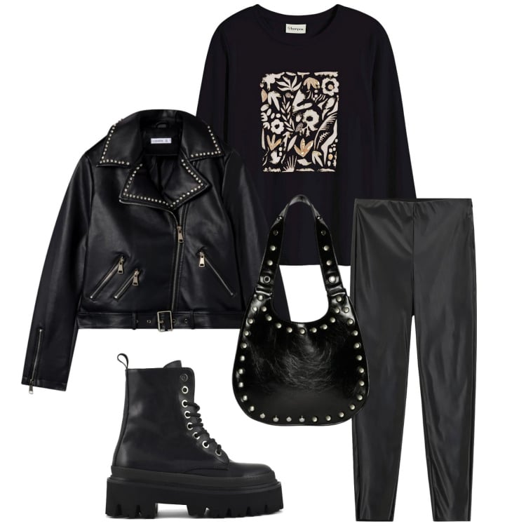 Outfit donna - Total look #2358044. Stile Rock per Tutti i giorni. Abbinamento con maglieria, giacche, borse a spalla, pantaloni skinny, anfibi.