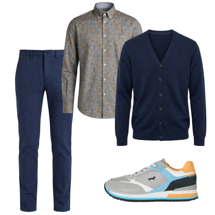 Outfit uomo - Casual spring. Stile Casual per Tutti i giorni. Abbinamento con sneakers, pantaloni chino, cardigans, camicie.