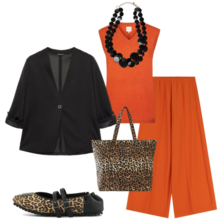 Outfit donna - Total look #2358048. Stile Casual chic per Tutti i giorni. Abbinamento con shopping bag, pantaloni a palazzo, blazer, collane, ballerine, maglieria.