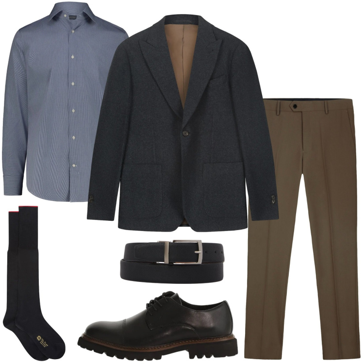 Outfit uomo - La camicia elegante. Stile Business/Elegante per Ufficio. Abbinamento con scarpe stringate, cinture, calzini, camicie, giacche, pantaloni.