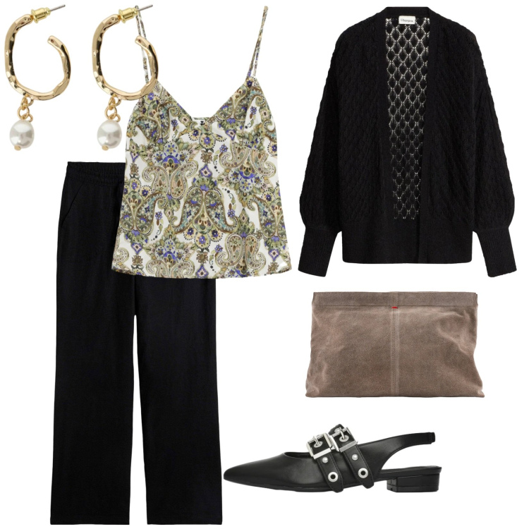 Outfit donna - Un caffè. per Tutti i giorni. Abbinamento con cardigans, pantaloni a palazzo, ballerine, orecchini, top, pochette.