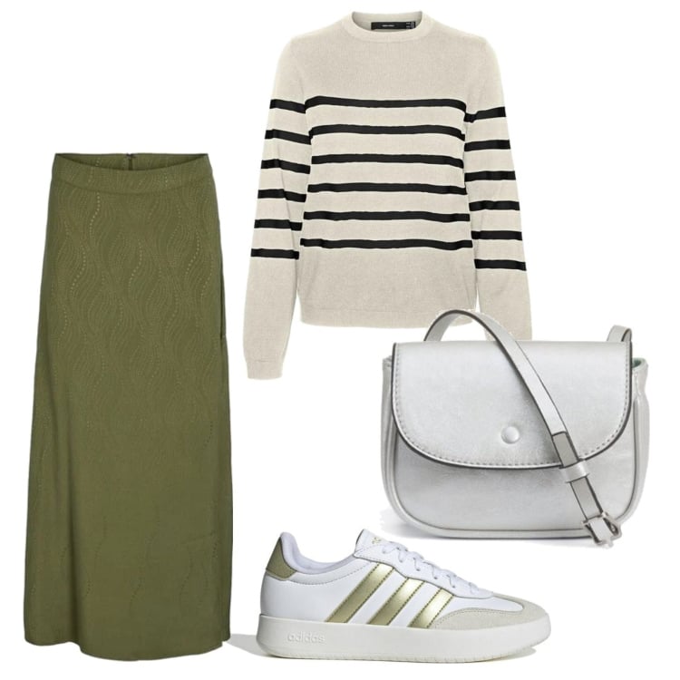 Outfit mujer - Casual look. Estilo Casual para Todos los días. Combinación con falda longuette, prendas de punto, sneakers, bolsos de mano.