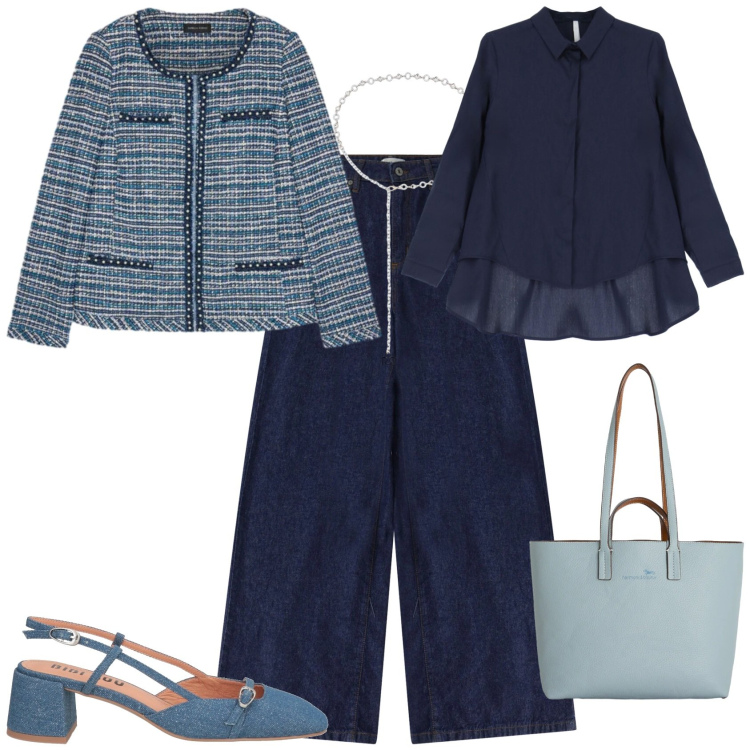 Outfit donna - Trendy ufficio tempo libero. Stile Trendy per Tutti i giorni. Abbinamento con décolleté, shopping bag, camicie, blazer, jeans, cinture.