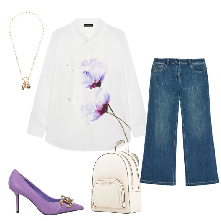 Outfit donna - Petal White. Stile Casual chic per Tutti i giorni. Abbinamento con zaini, décolleté, jeans dritti, camicie, ciondoli.