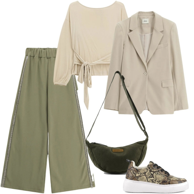 Outfit donna - Total look #2358071. Stile Casual chic per Tutti i giorni. Abbinamento con pantaloni a palazzo, top, blazer, sneakers, borse a tracolla.