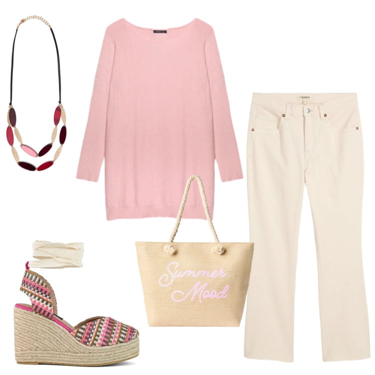 Outfit donna - Summer Mood. Stile Glamour per Tutti i giorni. Abbinamento con jeans a zampa, borse tote, maglieria, collane, zeppe.