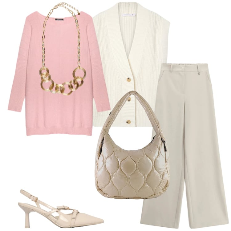 Outfit donna - Total look #2358081. Stile Bon Ton per Ufficio. Abbinamento con gilet, décolleté, maglieria, collane, pantaloni a palazzo, borse tote.