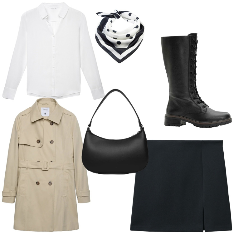 Outfit donna - Parisienne style. Stile Casual chic per Tutti i giorni. Abbinamento con foulard, stivali, trench, minigonne, camicie, borse a tracolla.