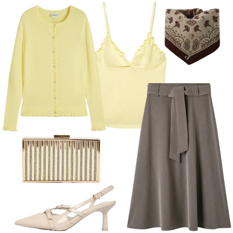 Outfit donna - Total look #2358084. Stile Bon Ton per Serata fuori. Abbinamento con cardigans, gonne lunghe, décolleté, canottiere, foulard, clutch.