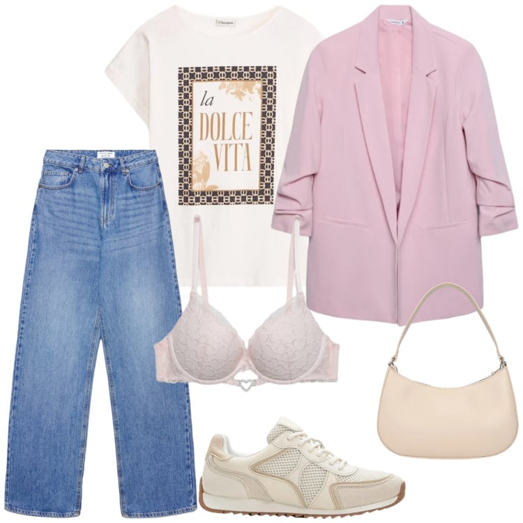 Outfit donna - Total look #2358087. Stile Casual per Tutti i giorni. Abbinamento con sneakers alte, t-shirt, blazer, reggiseni push-up, borse a tracolla, jeans.