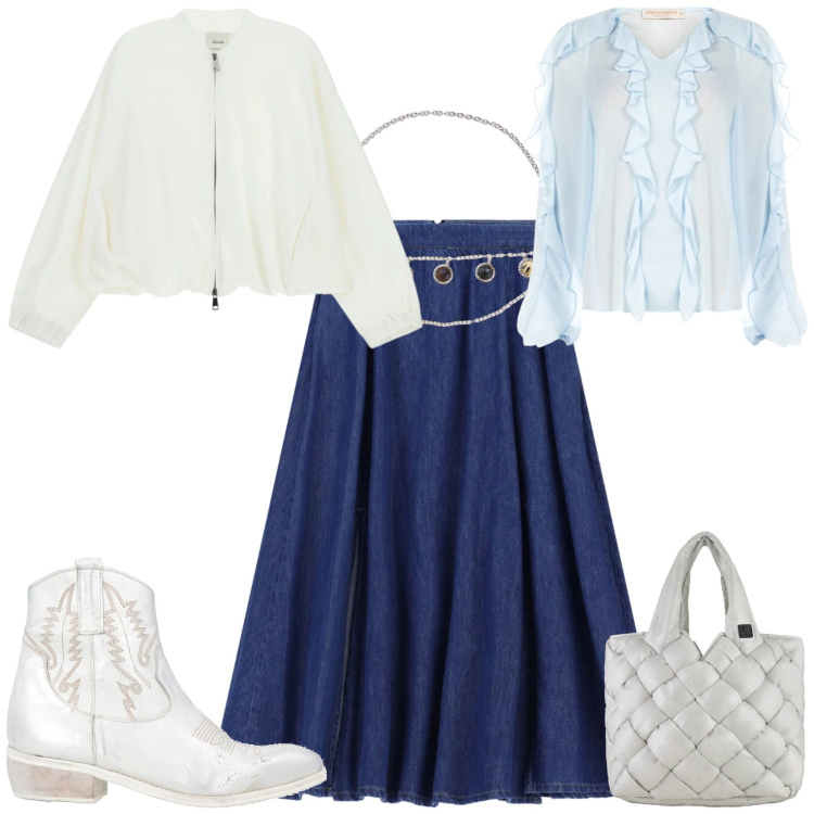 Outfit donna - Romantica ogni giorno. Stile Romantica per Tutti i giorni. Abbinamento con stivaletti texani, cinture, bomber, gonne lunghe, bluse, borse tote.
