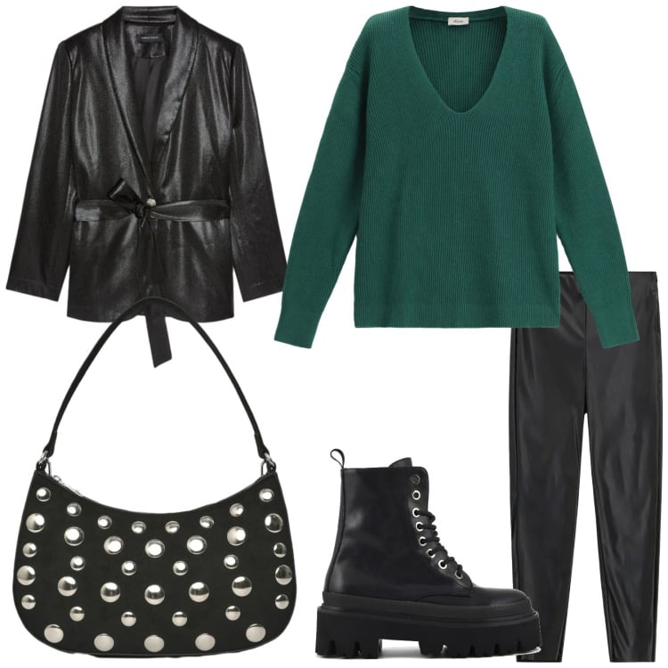 Outfit donna - Total look #2358090. Stile Urban per Tutti i giorni. Abbinamento con borse a tracolla, blazer, maglieria, pantaloni skinny, anfibi.