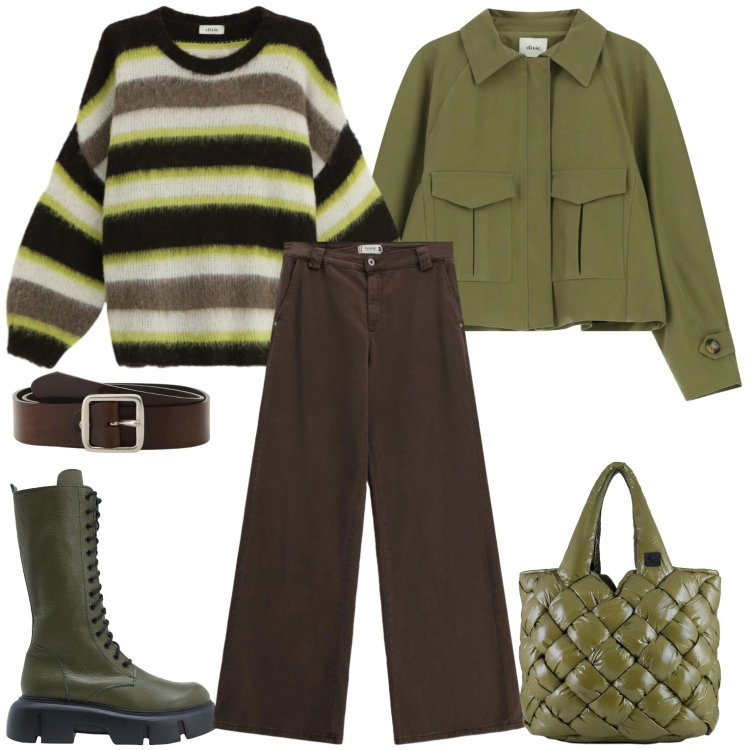 Outfit donna - Casual. Stile Casual per Tutti i giorni. Abbinamento con stivali, maglieria, cinture, bomber, pantaloni a palazzo, borse tote.