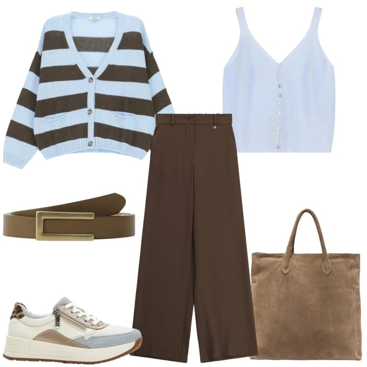 Outfit donna - Comoda e alla moda. Stile Casual per Tutti i giorni. Abbinamento con sneakers, top, pantaloni a palazzo, cardigans, cinture, borse a mano.
