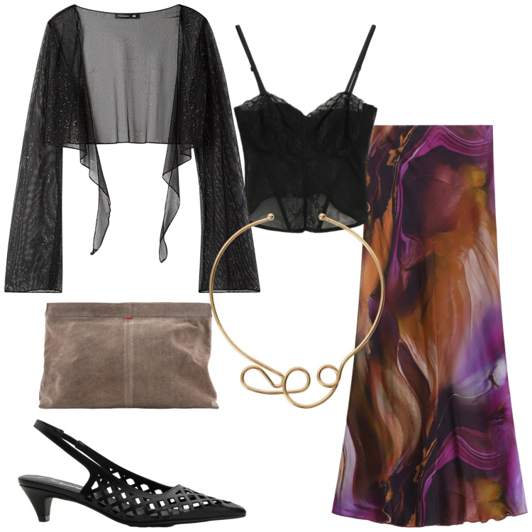 Outfit donna - Total look #2358102. Stile Glamour per Serata fuori. Abbinamento con décolleté, blazer, gonne lunghe, top, collane, pochette.