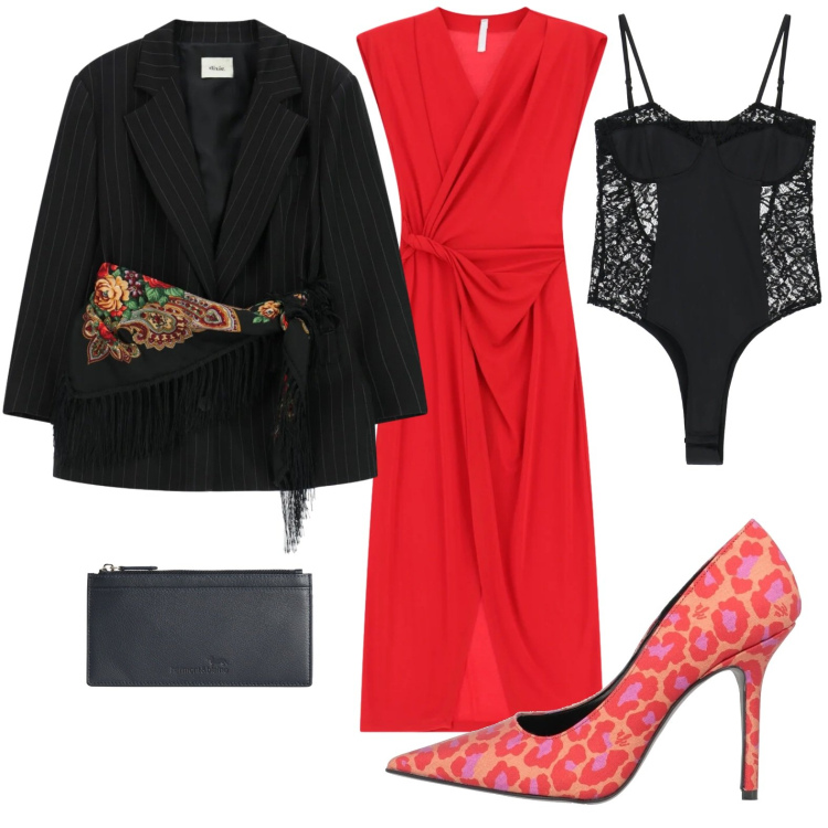 Outfit donna - Abito rosso per il teatro. Stile Sexy per Serata fuori. Abbinamento con décolleté, portafogli, vestiti lunghi, body, blazer.