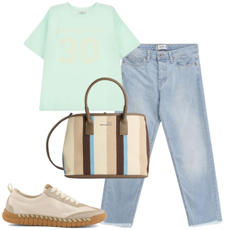 Outfit donna - Marzo. Stile Casual per Tutti i giorni. Abbinamento con shopping bag, t-shirt, jeans, sneakers.