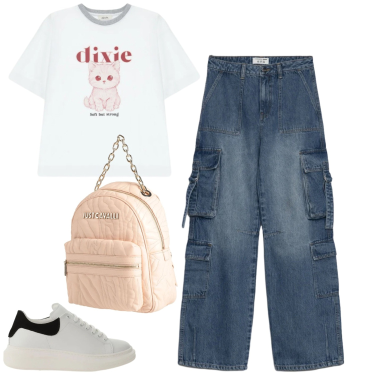 Outfit donna - Marzo. Stile Casual per Tutti i giorni. Abbinamento con zaini, jeans, sneakers, t-shirt.