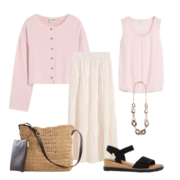 Outfit donna - Dolcezza in rosa e crema. Stile Romantica per Tutti i giorni. Abbinamento con sandali, cardigans, top, gonne lunghe, borse a tracolla, collane.
