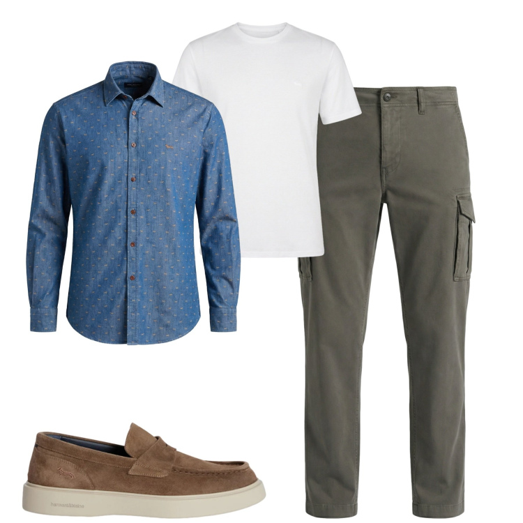 Outfit uomo - Marzo. Stile Urban per Tutti i giorni. Abbinamento con pantaloni cargo, scarpe stringate, camicie, t-shirt.