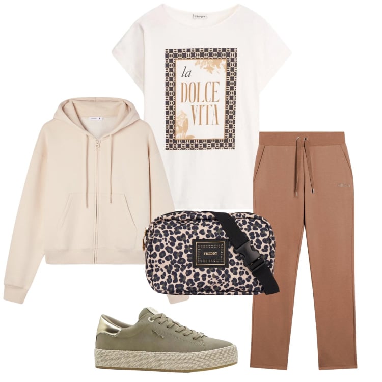 Outfit donna - Total look #2358116. Stile Basic per Tutti i giorni. Abbinamento con sneakers, t-shirt, felpe con cappuccio, pantaloni, marsupi.