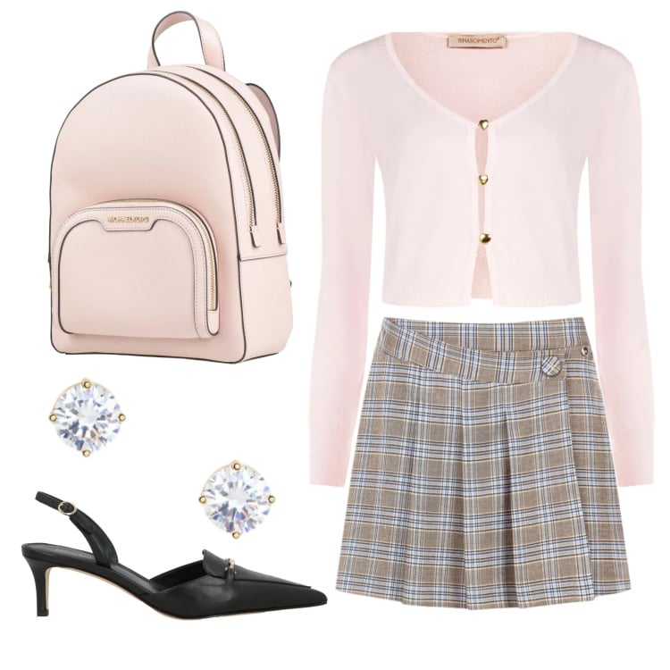 Outfit donna - Femminile e delicata. Stile Romantica per Ufficio. Abbinamento con décolleté, zaini, cardigans, gonne, orecchini.