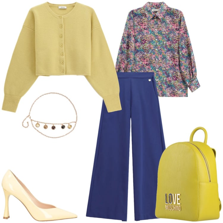 Outfit donna - Sunny. Stile Casual per Tutti i giorni. Abbinamento con décolleté, zaini, cinture, pantaloni a palazzo, cardigans, camicie.